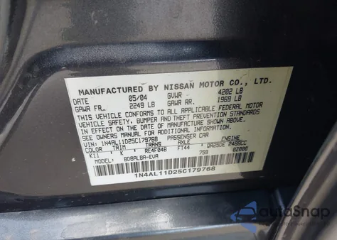 2005 Nissan Altima 2.5 S from USA, damaged, VIN 1N4AL11D25C179768